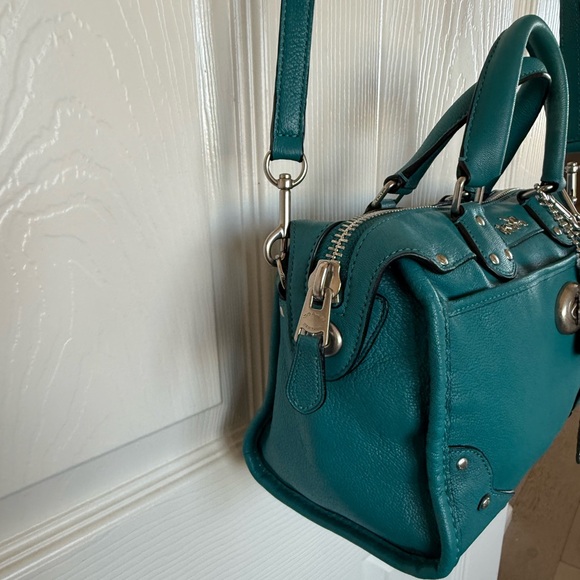 Coach Blue Rhyder 24 Leather Teal Turquoise Feather Charms Nickel Hardware - Picture 13 of 16